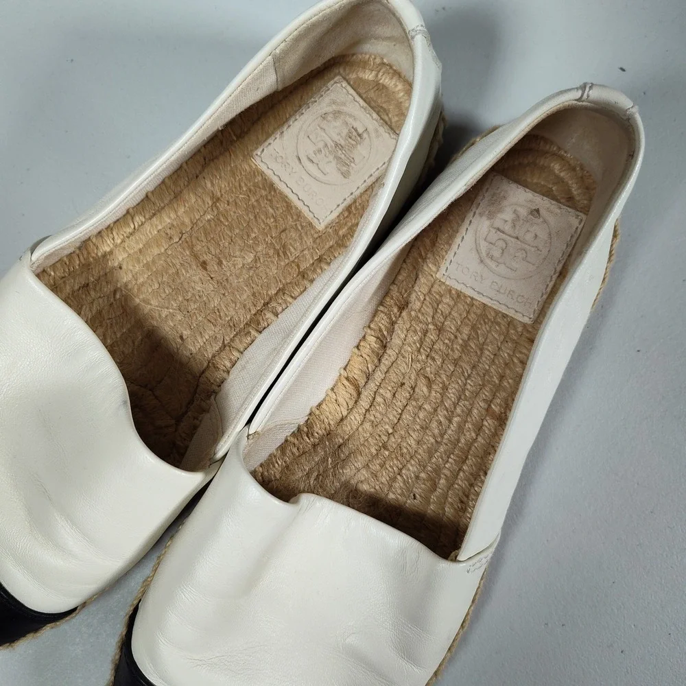 Tory Burch Leather Espadrille Flats Cream Black Logo Cap Toe Slip On Shoes Sz 7